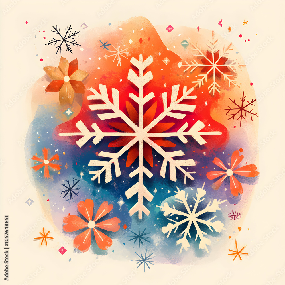 Poster colorful cartoon-style snowflake design featuring unique patterns and textures on a bright backgroun