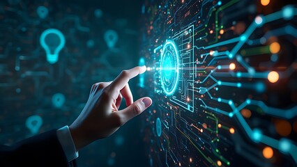 A human touching hand pressing on big data network connection intelligence technology, Machine learning screen interface in a digital innovation of futuristic. 