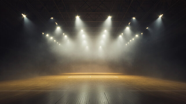 Empty Sports Arena Stage with Spotlights and Smoke
