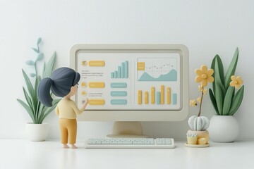 A minimalist 3D illustration of a woman analyzing data on a computer screen with charts and graphs, surrounded by decorative plants, representing business analytics and data visualization