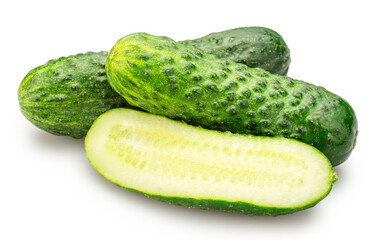 Cucumbers and cucumber in longitudinal cut isolated on white background. File contains clipping path.