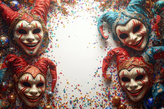 Colorful jester masks with confetti celebrating festive carnival theme