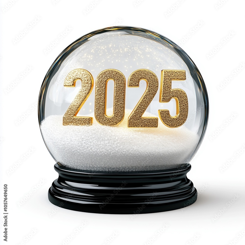 Poster clear snow globe featuring golden 2025 number with shimmering sparkles inside white snow creating fe