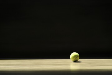 A single yellow tennis ball resting on a wooden surface with a dark background, symbolizing the elegance and simplicity of sports.