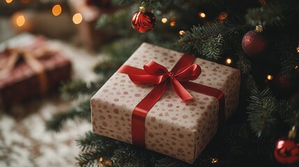 A beautifully wrapped Christmas gift box with a red ribbon placed under a decorated Christmas tree clean background--C100