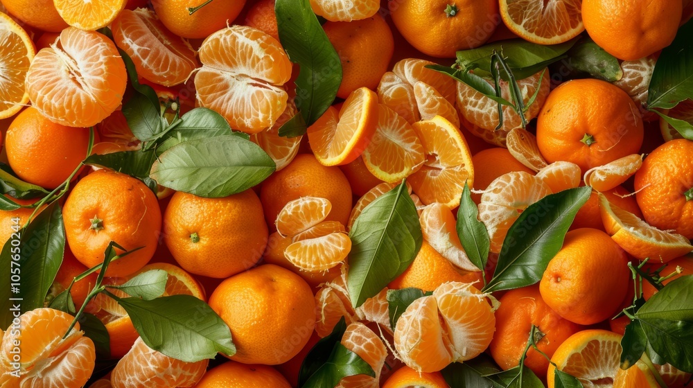 Aufkleber A collection of tangerines and tangerine peels arranged to create a lively and colorful background with a hint of green from the leaves.