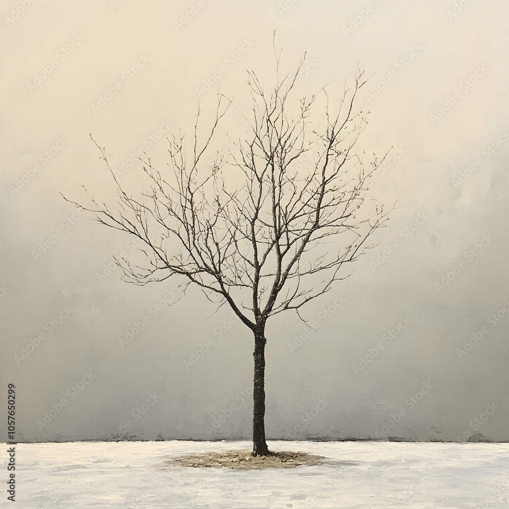 Poster a solitary leafless tree with sparse new leaves on an open plain during early spring