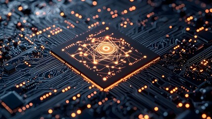 A highly detailed 3D wireframe of an chip with an abstract digital atom icon set against a dark toned high tech background