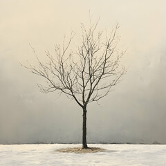 A Solitary Leafless Tree with Sparse New Leaves on an Open Plain During Early Spring