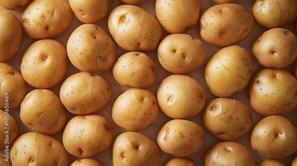 Poster A collection of washed potatoes with smooth skins arranged neatly in rows