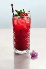 Vibrant Red Cocktail Garnished with Mint and Raspberries