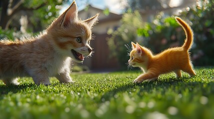 Playful Pals Adorable Puppy and Kitten Engaged in Joyful Outdoor Adventure on Vibrant Green Lawn  The cheerful canine and feline duo playfully paw and pounce