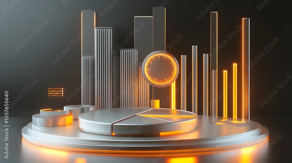 Poster cute isometric 3d image of 3d pie chart and bar chart in realistic metallic silver illuminated by ne