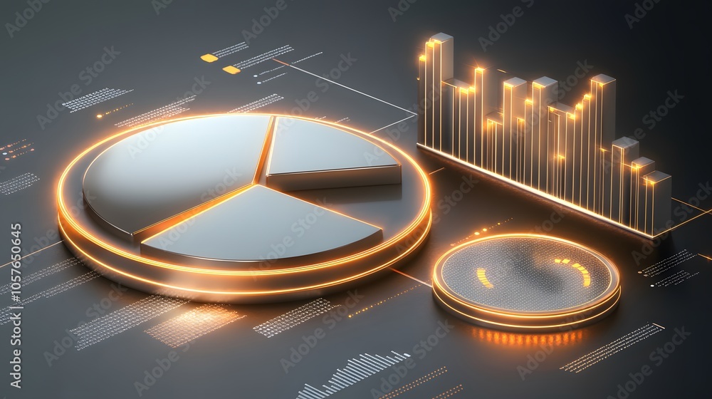 Poster cute isometric 3d image of 3d pie chart and bar chart in realistic metallic silver illuminated by ne