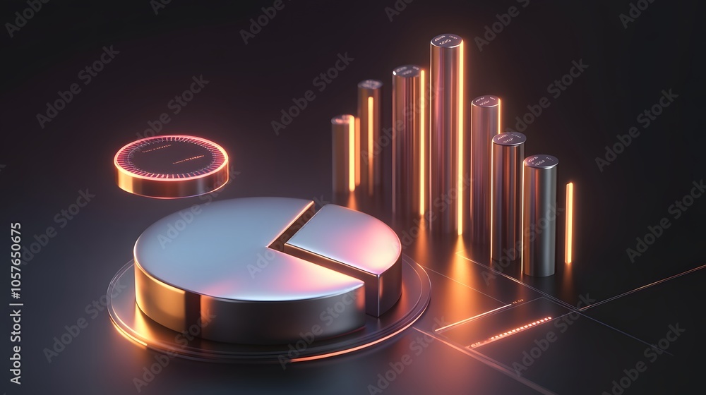 Poster cute isometric 3d image of 3d pie chart and bar chart in realistic metallic silver illuminated by ne
