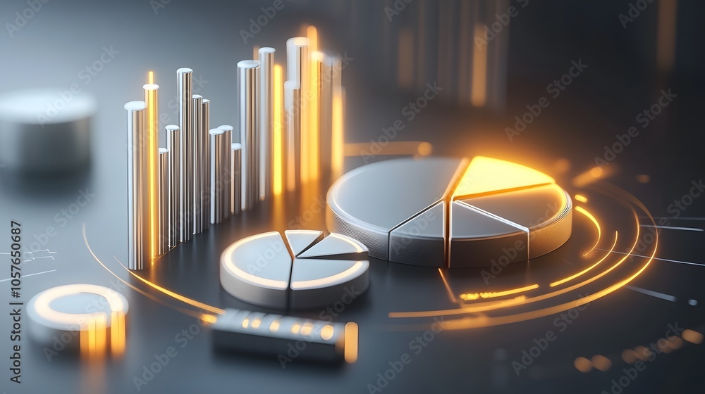 Poster 
Cute isometric 3D image of 3D pie chart and bar chart in realistic metallic silver illuminated by neon gold. add floating, transparent charts and circular measurement tools. ensure perfect shapes and