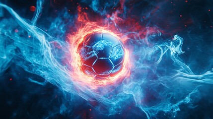 A vibrant, dynamic depiction of a soccer ball surrounded by colorful flames and ethereal smoke, symbolizing energy and passion for the game.