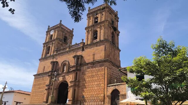Barichara Cathedral, Santander, Colombia, viewed from the park on a sunny day