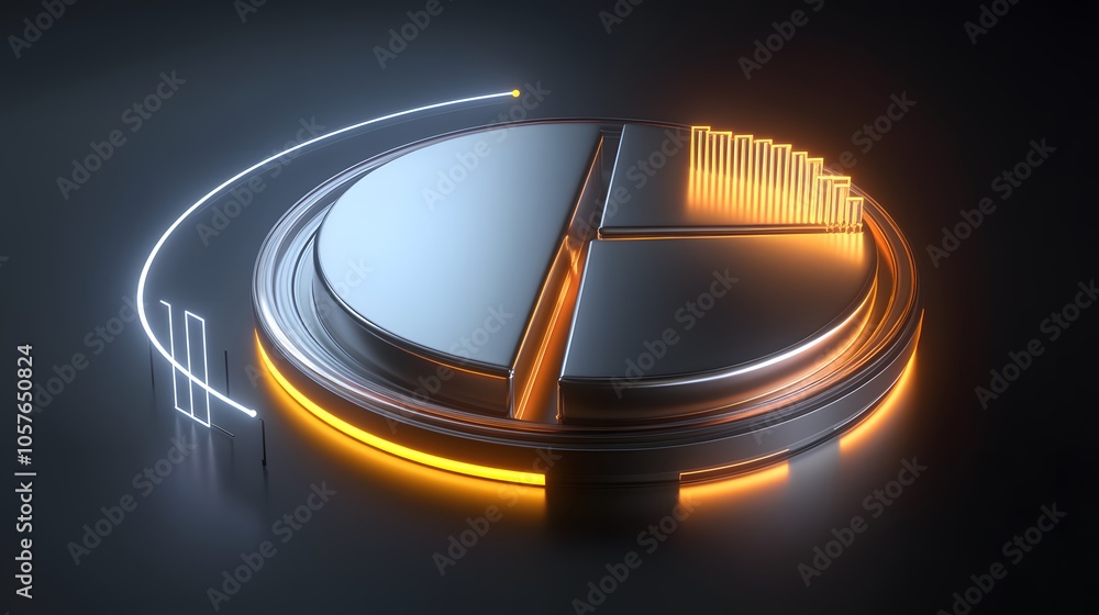 Poster cute isometric 3d image of 3d pie chart and bar chart in realistic metallic silver illuminated by ne