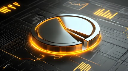 
Cute isometric 3D image of 3D pie chart and bar chart in realistic metallic silver illuminated by neon gold. add floating, transparent charts and circular measurement tools. ensure perfect shapes and
