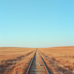 Fototapeta premium Long Winding Railway Track Through Lush Rural Fields Under a Clear Sky