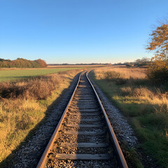 Obraz premium Long Winding Railway Track Through a Serene Rural Field at Dusk