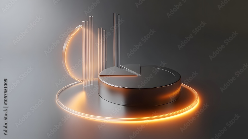 Poster cute isometric 3d image of 3d pie chart and bar chart in realistic metallic silver illuminated by ne