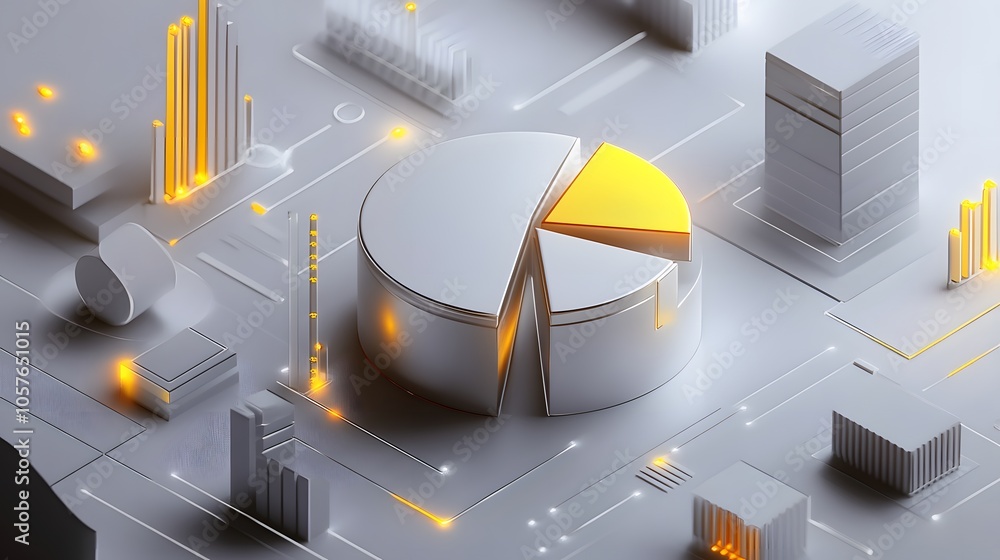 Poster cute isometric 3d image of 3d pie chart and bar chart in realistic metallic silver illuminated by ne