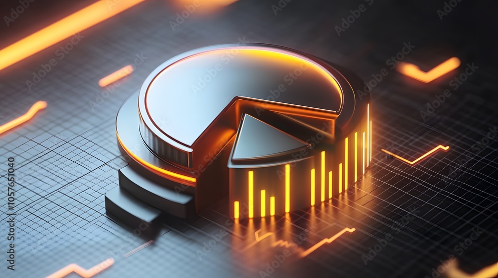 Poster cute isometric 3d image of 3d pie chart and bar chart in realistic metallic silver illuminated by ne