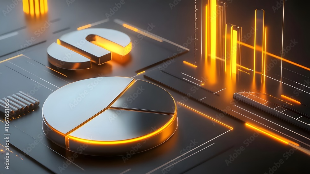 Poster cute isometric 3d image of 3d pie chart and bar chart in realistic metallic silver illuminated by ne