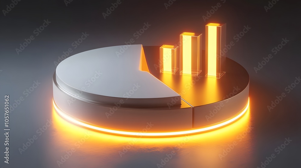 Poster cute isometric 3d image of 3d pie chart and bar chart in realistic metallic silver illuminated by ne