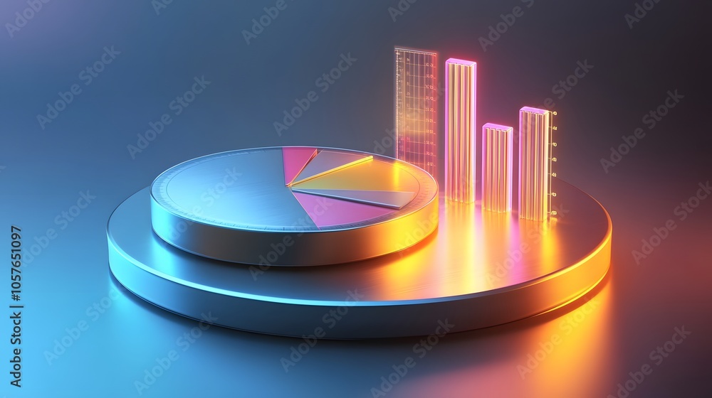 Poster cute isometric 3d image of 3d pie chart and bar chart in realistic metallic silver illuminated by ne