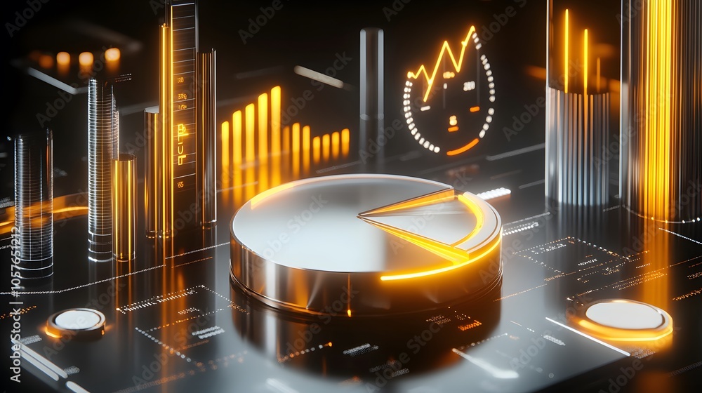 Poster cute isometric 3d image of 3d pie chart and bar chart in realistic metallic silver illuminated by ne