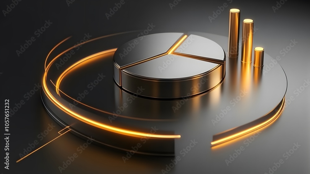 Poster cute isometric 3d image of 3d pie chart and bar chart in realistic metallic silver illuminated by ne