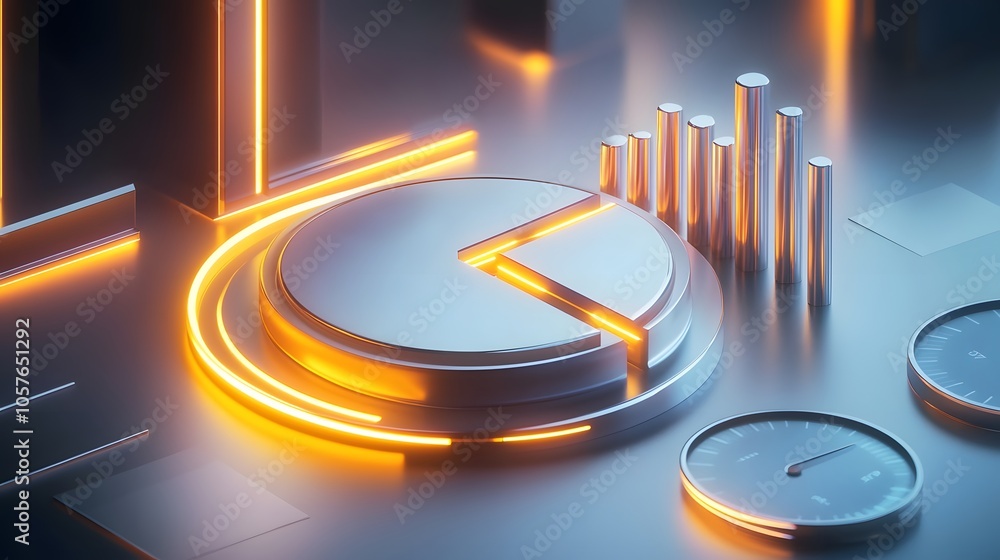 Poster cute isometric 3d image of 3d pie chart and bar chart in realistic metallic silver illuminated by ne