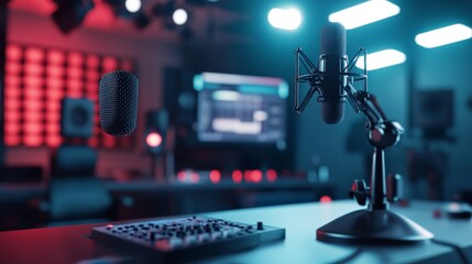 A minimalist broadcast studio with an on-air display, featuring a microphone on a stand, a simple desk setup, and modern lighting in a controlled environment.