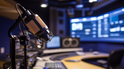 A minimalist broadcast studio with an on-air display, featuring a microphone on a stand, a simple desk setup, and modern lighting in a controlled environment.