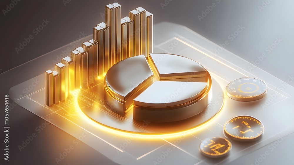 Poster cute isometric 3d image of 3d pie chart and bar chart in realistic metallic silver illuminated by ne
