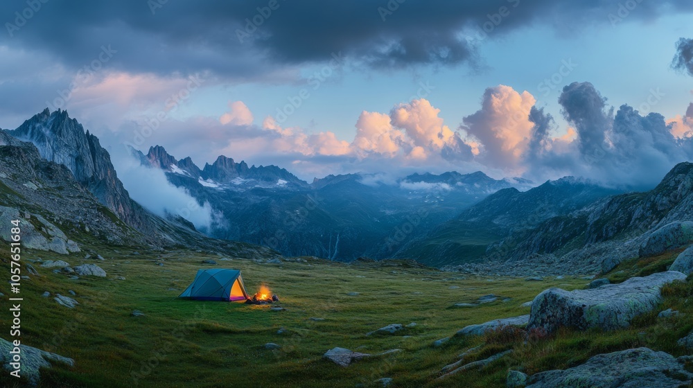 Poster a panoramic view of a mountain camping site with a cozy tent set up on a grassy clearing, surrounded