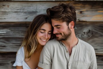 Portrait of a blissful couple in their 20s wearing a simple cotton shirt while standing against rustic wooden wall