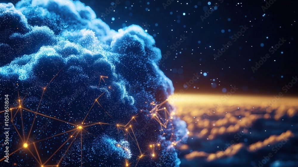 Poster exploring the cosmic landscape a dive into digital clouds and connected networks