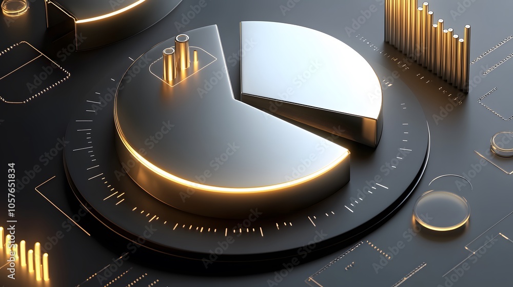 Poster cute isometric 3d image of 3d pie chart and bar chart in realistic metallic silver illuminated by ne