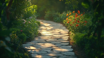 Fototapeta premium A scenic stone pathway surrounded by vibrant flowers in a lush garden.