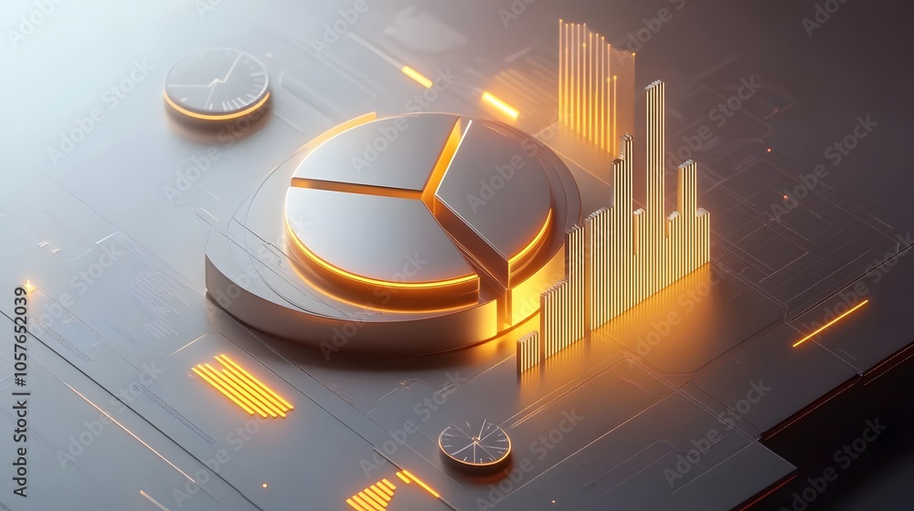 Poster cute isometric 3d image of 3d pie chart and bar chart in realistic metallic silver illuminated by ne