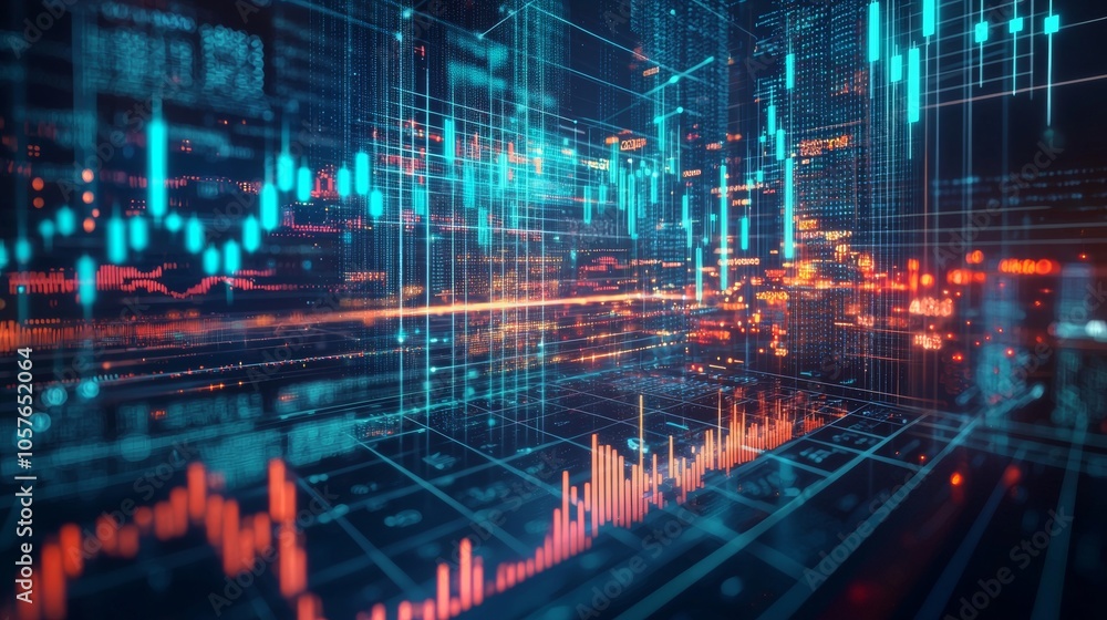 Poster financial data visualizations in a futuristic digital interface