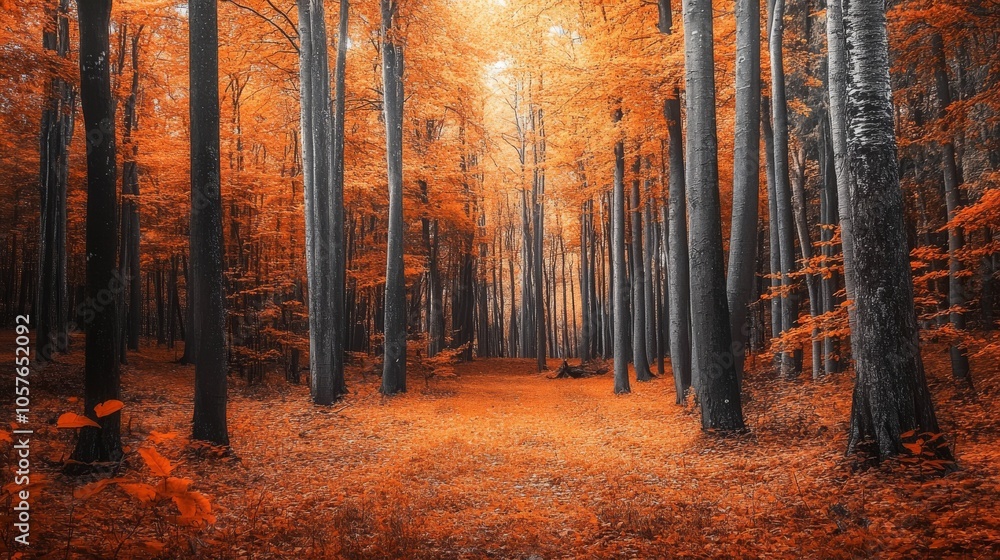 Aufkleber a picturesque view of a forest with a canopy of orange leaves creating a warm and inviting atmospher