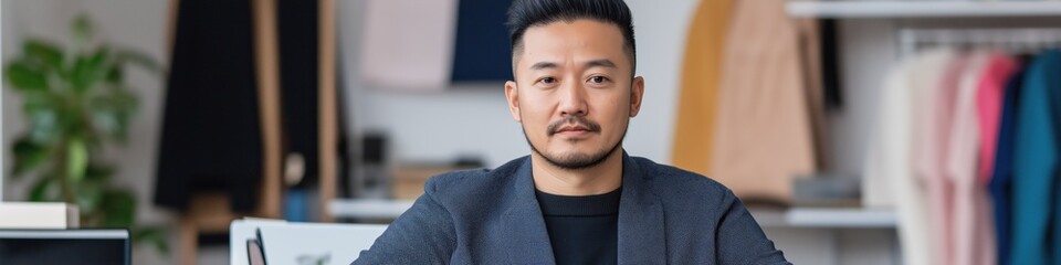 Obraz premium A man is sitting at a desk with a laptop in front of him. He is wearing a blue jacket and has a beard