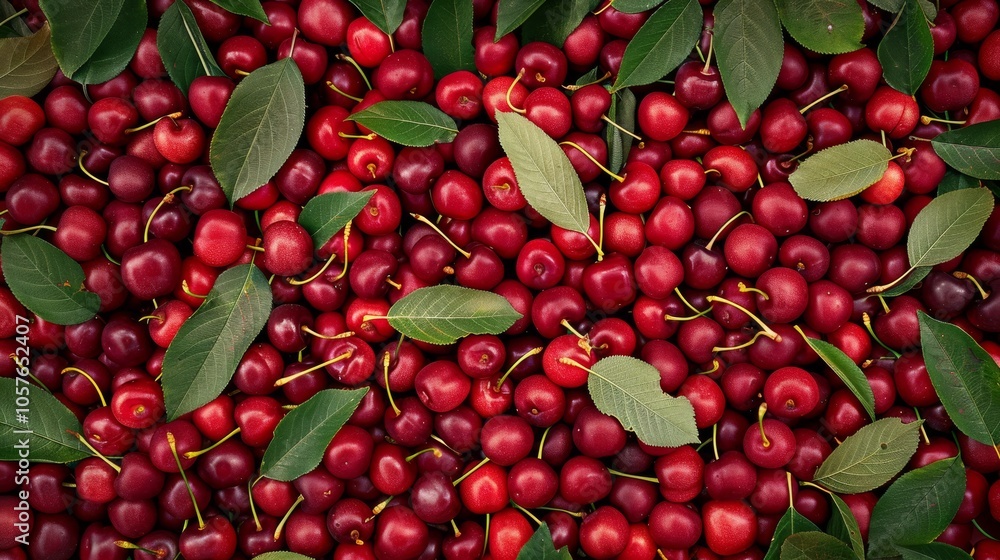 Poster a rich background filled with a dense layer of cherries, emphasizing their juicy, red color and cont