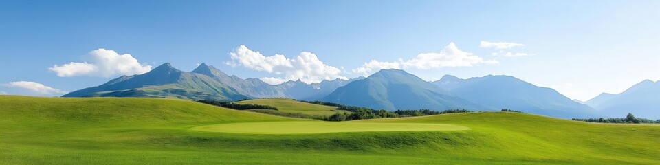 Fototapeta premium A beautiful mountain range with a clear blue sky. The mountains are covered in green grass and the sky is filled with fluffy white clouds. The scene is peaceful and serene