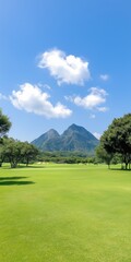Fototapeta premium A beautiful green field with a mountain in the background. The sky is clear and blue, and the sun is shining brightly. The scene is peaceful and serene, with the mountain providing a sense of grandeur